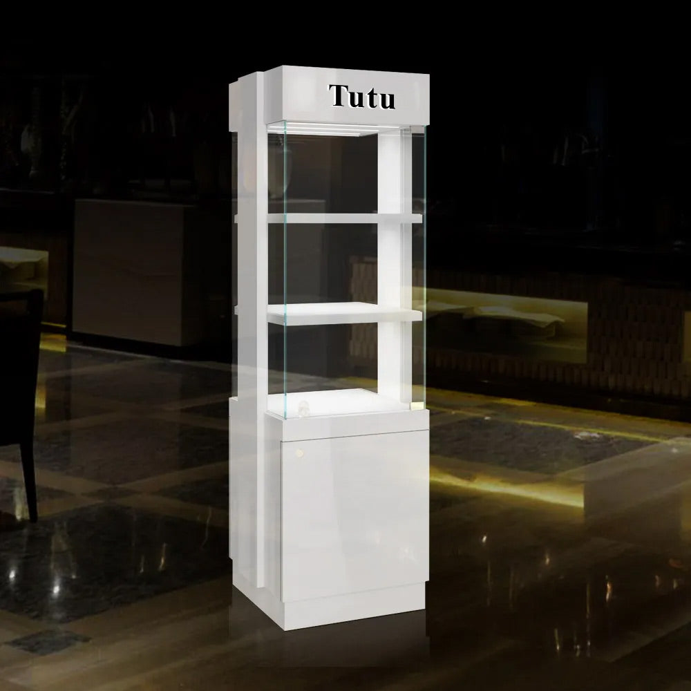 FA25 3 Tier Retail Tower Display Case w/ Base Cabinet, Locking Glass Door, Led Top Lights
