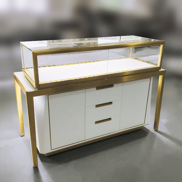 MT26 Jewelry Display Counter w/ Marble Countertop, Base Storage, RFID Locking Drawer