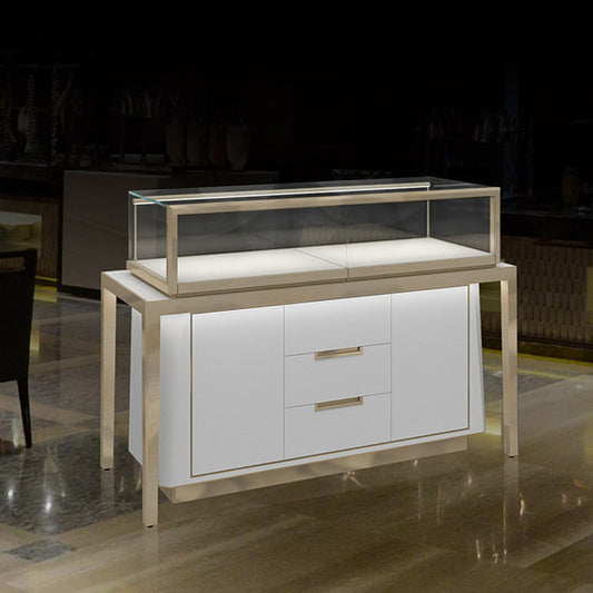 MT26 Jewelry Display Counter w/ Marble Countertop, Base Storage, RFID Locking Drawer