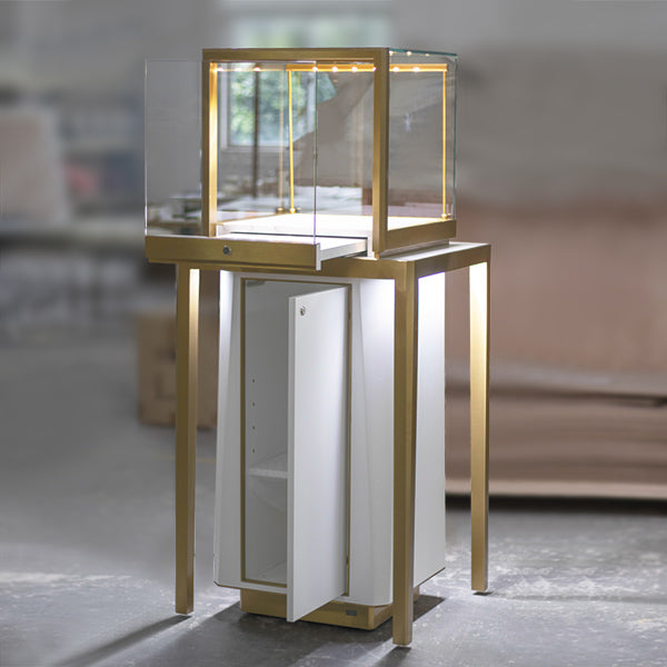 MT27 Luxury Pedestal Showcase w/ Metal Legs & Base Cabinet, RFID Locking Drawer, Led Bars