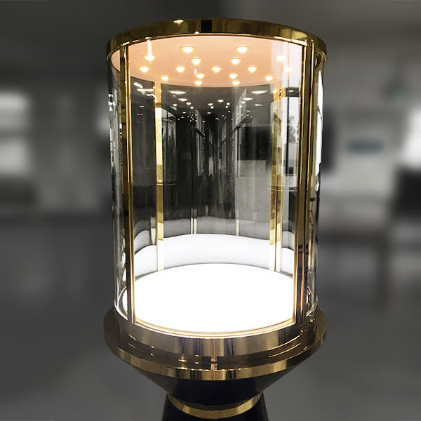 MT34 Round Display Case w/ Cone Base, Locking Glass Door, Led Top Lights