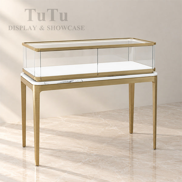 DM339 Filleted Corner Glass Showcase Metal Legs