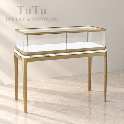 DM339 Filleted Corner Glass Showcase Metal Legs