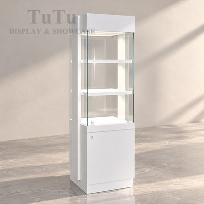 FA25 3 Tier Retail Tower Display Case w/ Base Cabinet, Locking Glass Door, Led Top Lights