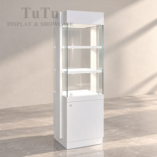 FA25 3 Tier Retail Tower Display Case w/ Base Cabinet, Locking Glass Door, Led Top Lights