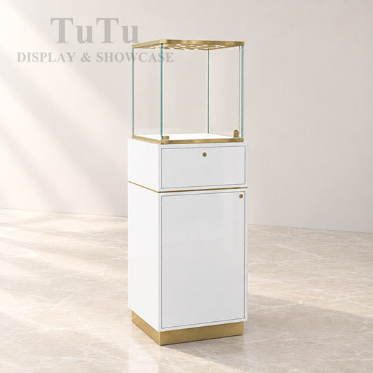 FA26 Pedestal Display Case w/ Base Cabinet, Locking Glass Door, Led Top Lights