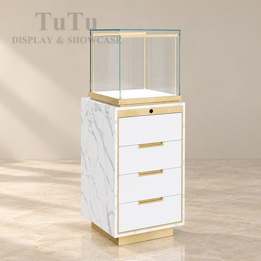 MT25 Marble Window Display Case w/ Pedestal Storage, LED Lights
