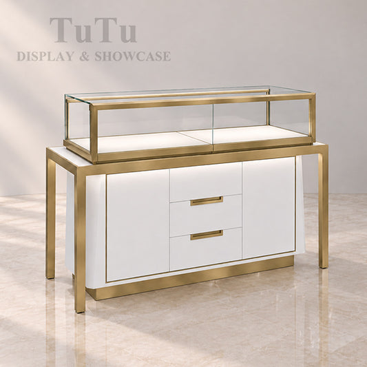 MT26 Jewelry Display Counter w/ Marble Countertop, Base Storage, RFID Locking Drawer