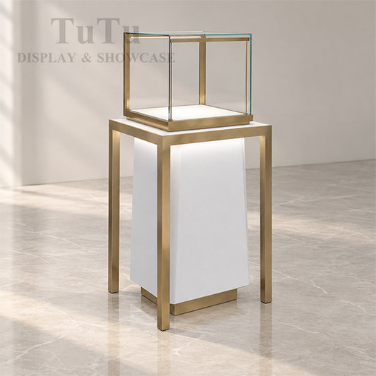 MT27 Luxury Pedestal Showcase w/ Metal Legs & Base Cabinet, RFID Locking Drawer, Led Bars
