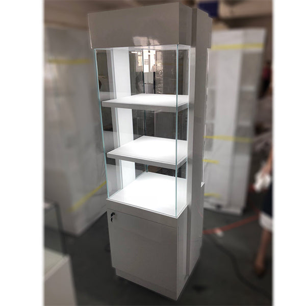 FA-25 3 Tier Retail Tower Display Case w/ Base Cabinet, Locking Glass Door, Led Top Lights